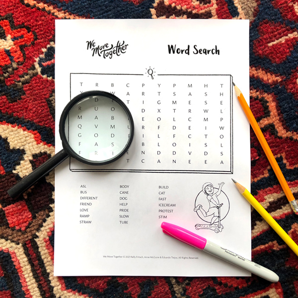 Top view of a Word Search activity sheet with pencils and a magnifying glass scattered around.